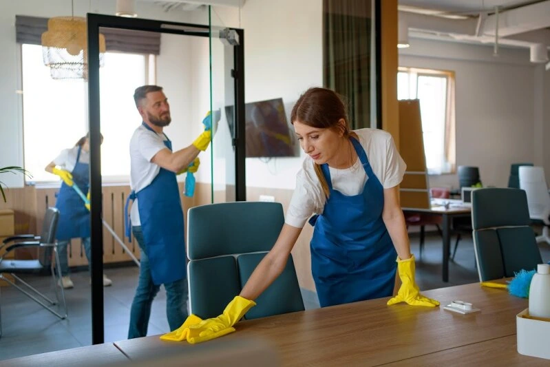 Two cleaning professionals caring for an office